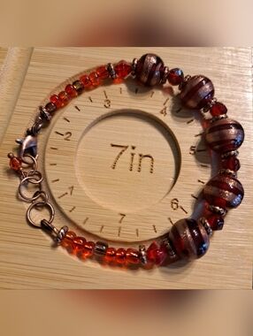 Fancy Red Glass with Copper Glitter Swirl Design Beaded Bracelet & Earrings